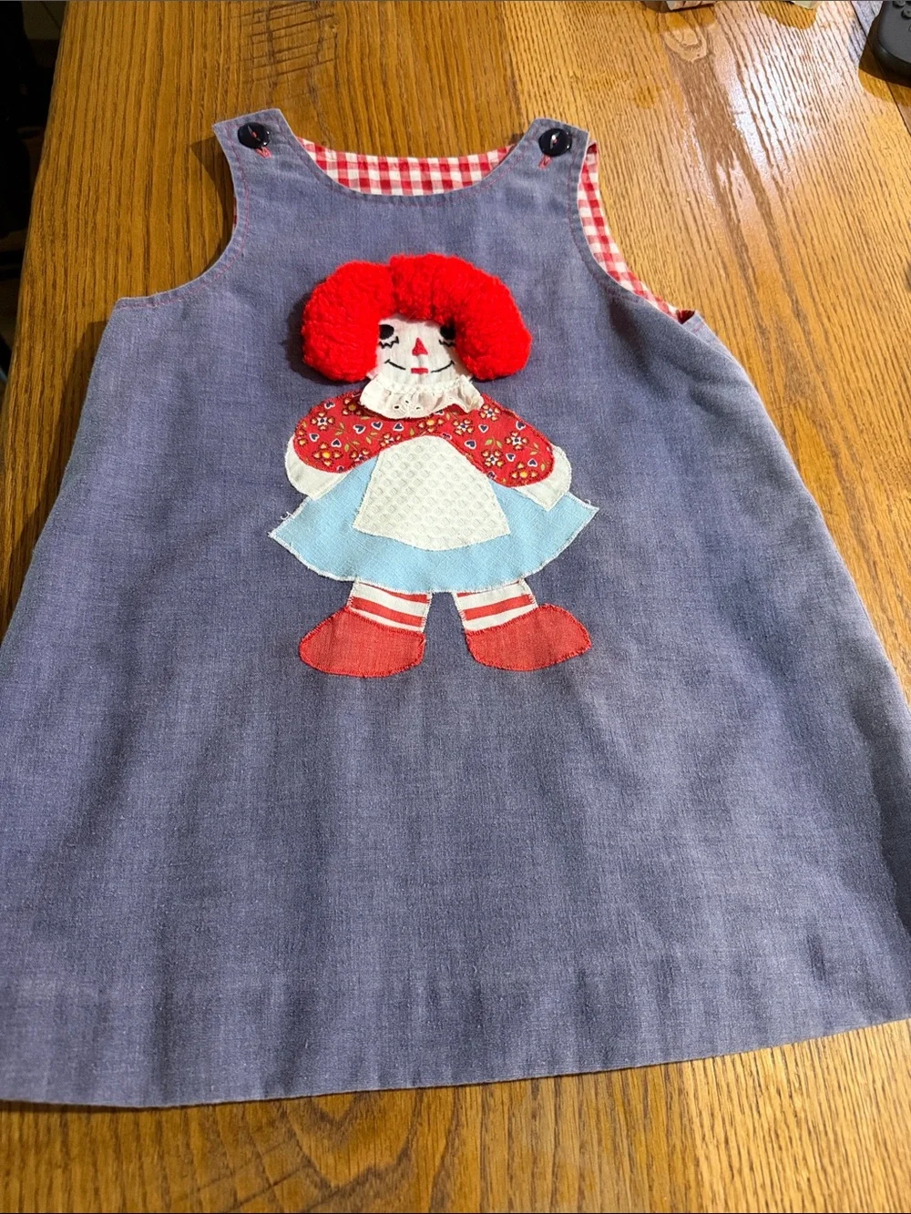 Vintage Handmade Girls Dress Red Gingham Rag Doll Toddler Pinafore